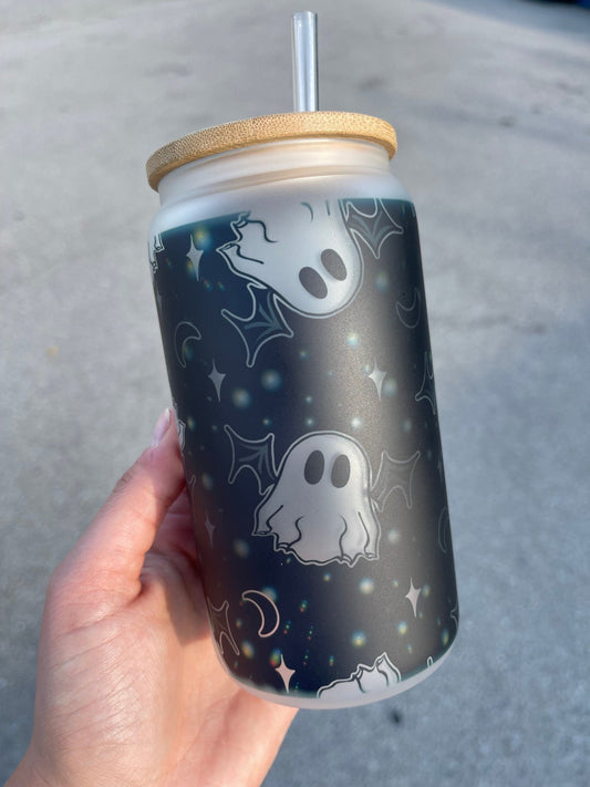 Bat and Boosy Libbey Can, Halloween Tumbler, Iced Coffee Glass, Halloween Glass Tumbler, Mama Glass Can - Twine + Sage Co. LLC