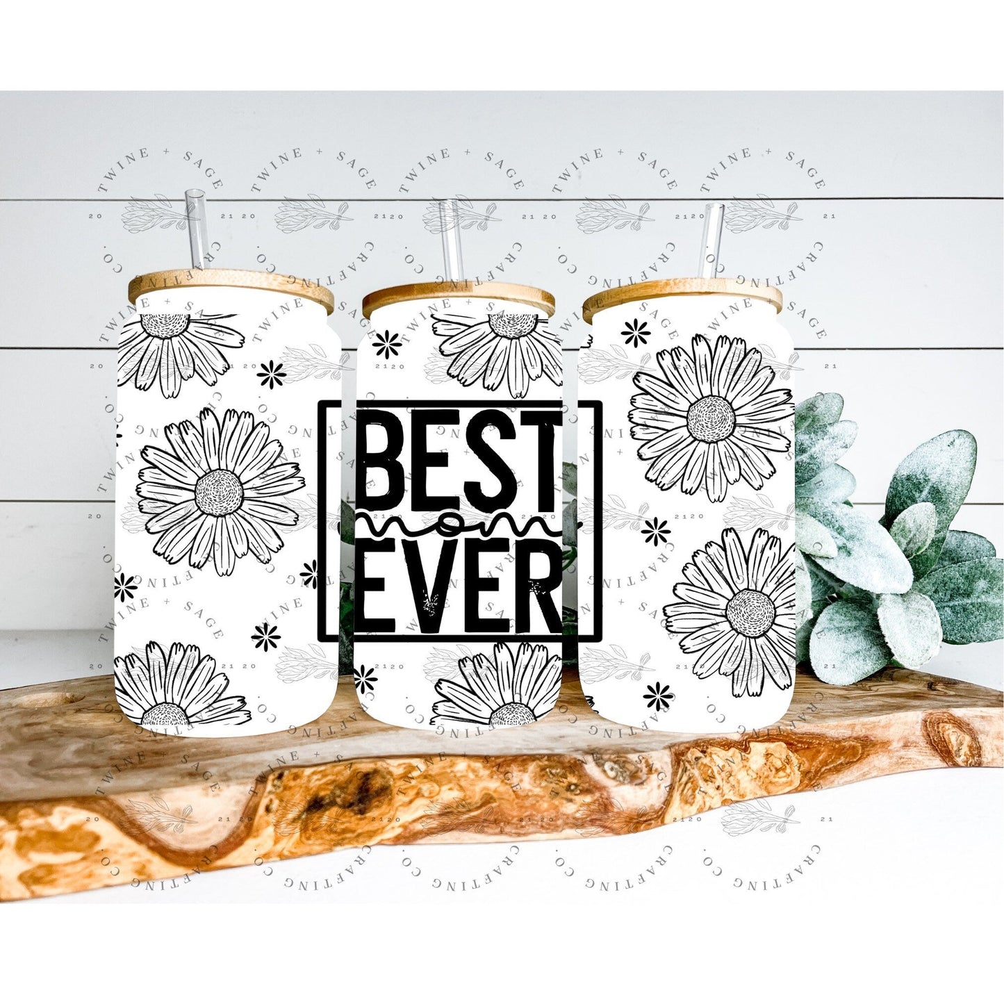 Best Mom Ever Glass Can, Glass Cup Bamboo Lid, Best Mama Ever, 16 Oz Glass Can, Minimal Floral, Frosted Glass Tumbler, Best Mom Ever Gift - Twine + Sage Co. LLC