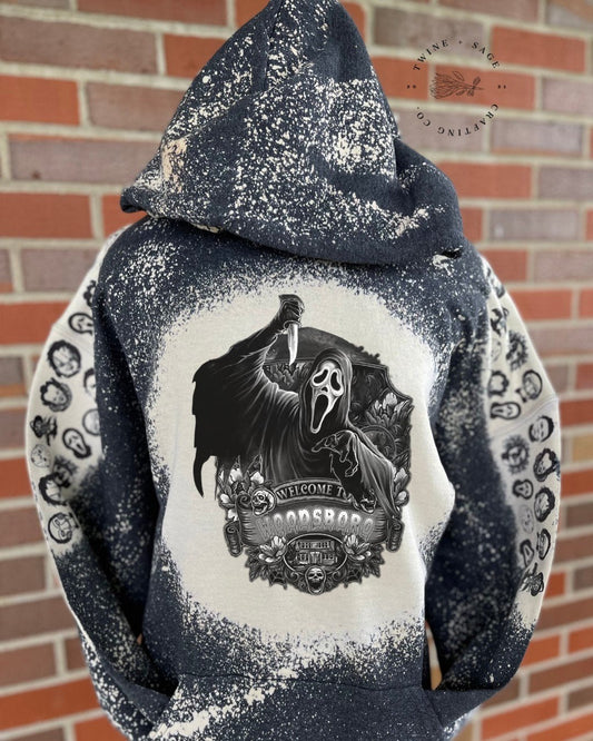 Black And White Ghostface Hoodie, Welcome To Woodsboro, Halloween Sweatshirt, Ghostface Scream, Sweatshirt, Horror, Horror Custom Sweatshirt - Twine + Sage Co. LLC