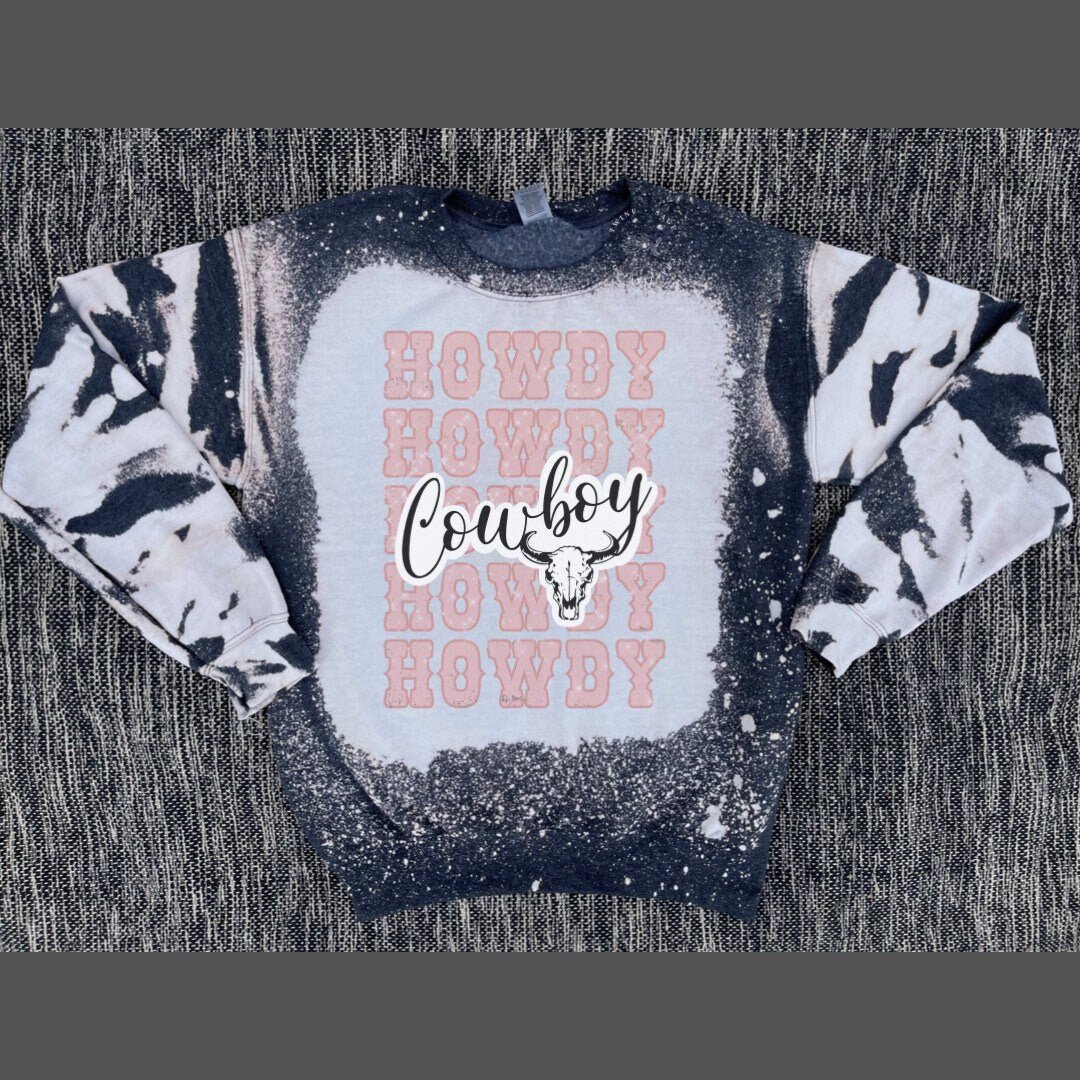 Cow Bleached Crewneck, Howdy Cowboy Sweatshirt, Skull, Cow, Bull, Turquoise, Custom Bleach Crew Sweatshirt - Twine + Sage Co. LLC