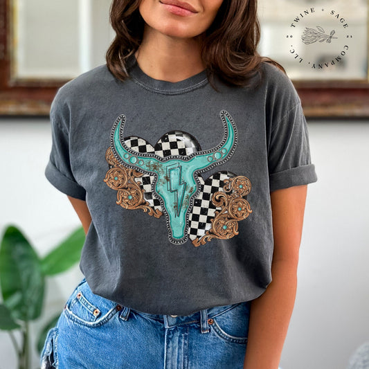 Cow Skull Shirt, Turquoise Stones Shirt, Western Shirt, Cow Shirt, Graphic Tee Shirt, Comfort Colors Shirt - Twine + Sage Co. LLC