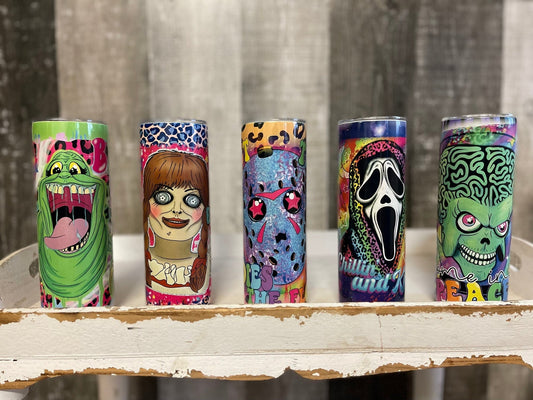 Horror 20 OZ Tumblers, Cute Tumblers, Leopard, Skinny Tumbler, Horror Movie Cups, Scary Tumblers, Gift For Her, Pretty Cups - Twine + Sage Co. LLC