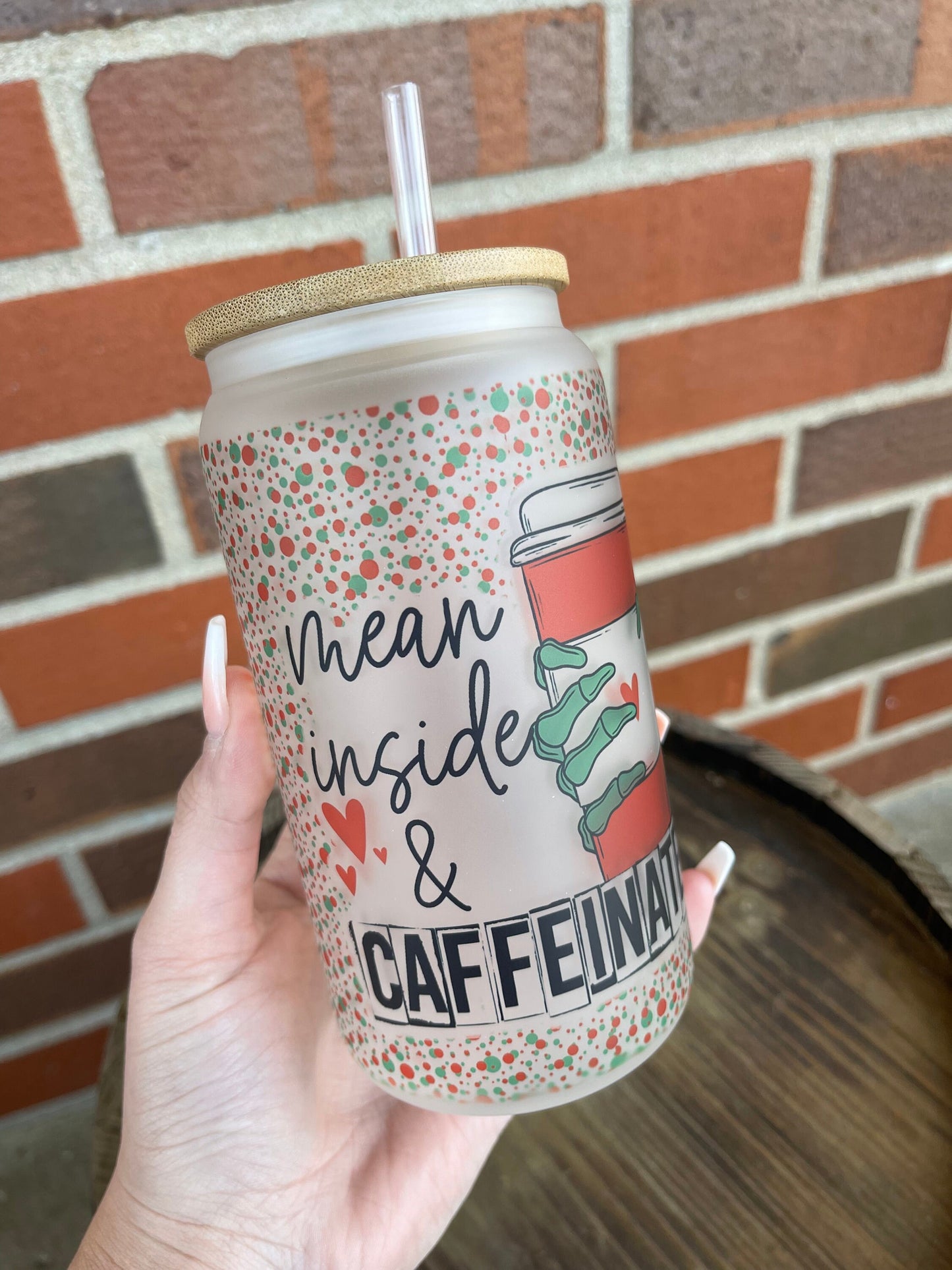 Mean Inside And Caffeinated 16 Oz Frosted Glass Tumbler, Skeleton, Christmas Tumbler, Frosted Glass Coffee Tumbler, Xmas Tumbler, X-mas