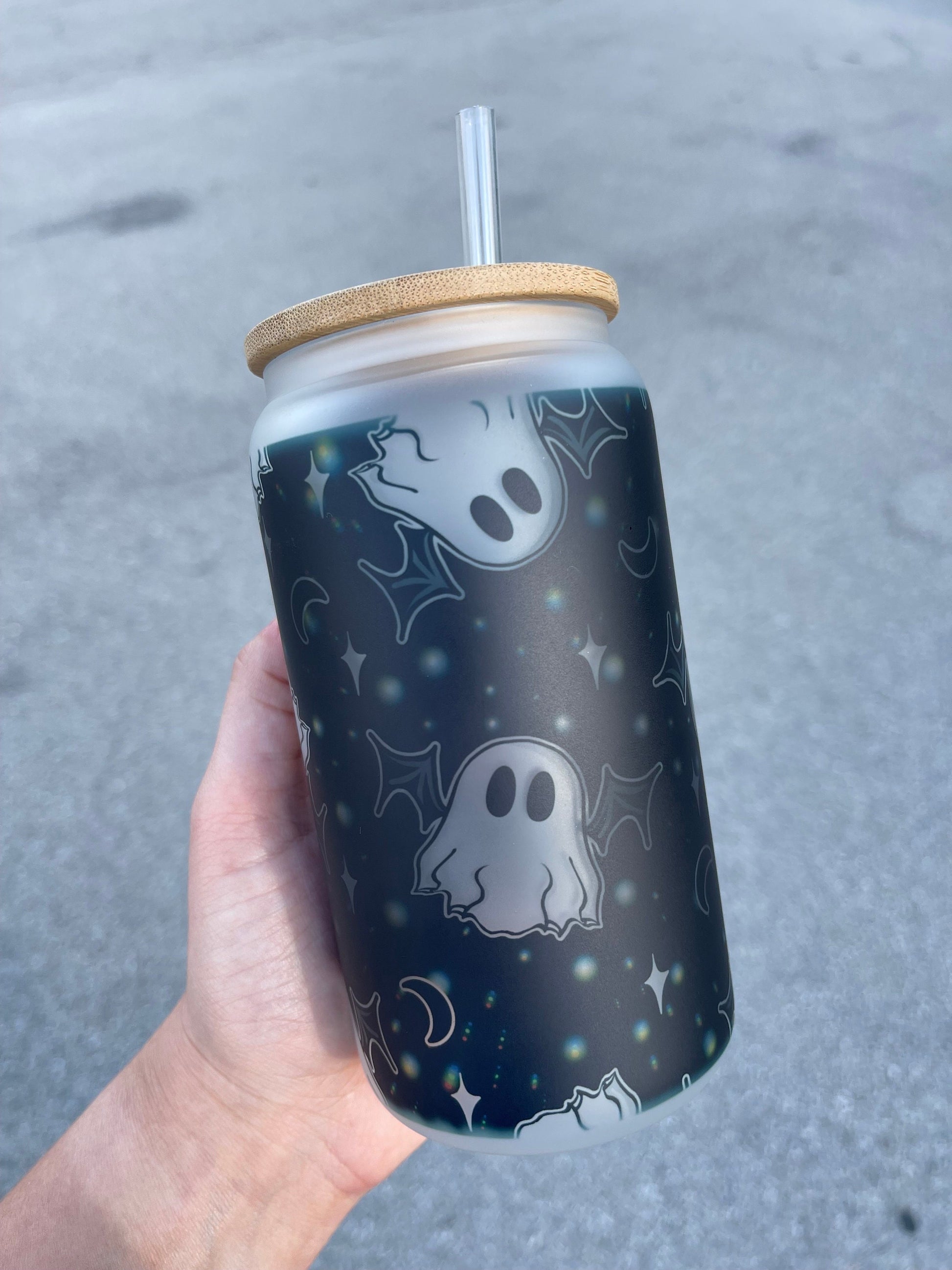 Bat and Boosy Libbey Can, Halloween Tumbler, Iced Coffee Glass, Halloween Glass Tumbler, Mama Glass Can