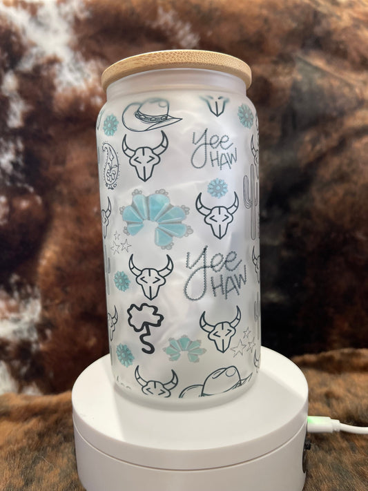 Western Tumbler, 16 Oz Frosted Glass Tumbler, Tumbler, Cute Tumbler, Gift Tumbler, Frosted Glass Coffee Tumbler