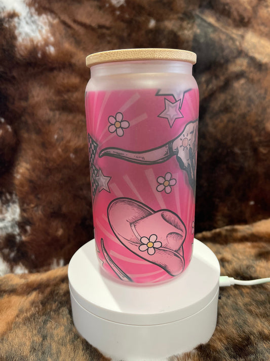 Pink Western Tumbler, 16 Oz Frosted Glass Tumbler, Tumbler, Cute Tumbler, Gift Tumbler, Frosted Glass Coffee Tumbler