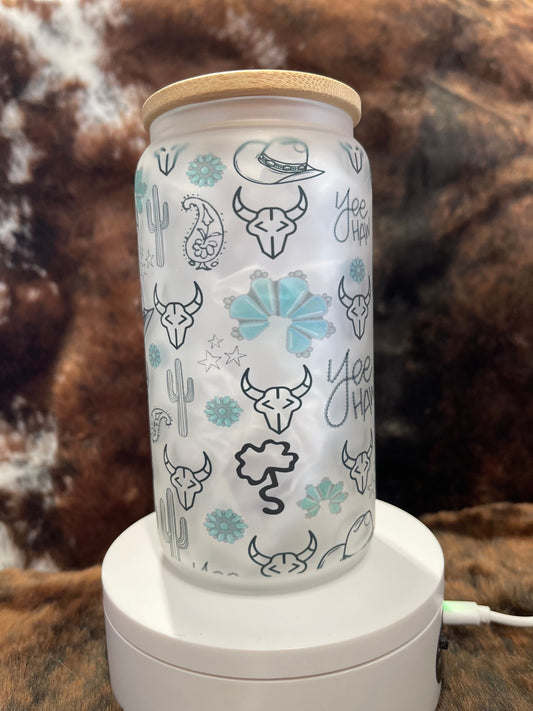 Western Tumbler, 16 Oz Frosted Glass Tumbler, Tumbler, Cute Tumbler, Gift Tumbler, Frosted Glass Coffee Tumbler