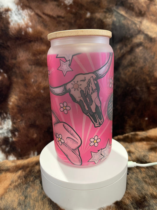 Pink Western Tumbler, 16 Oz Frosted Glass Tumbler, Tumbler, Cute Tumbler, Gift Tumbler, Frosted Glass Coffee Tumbler