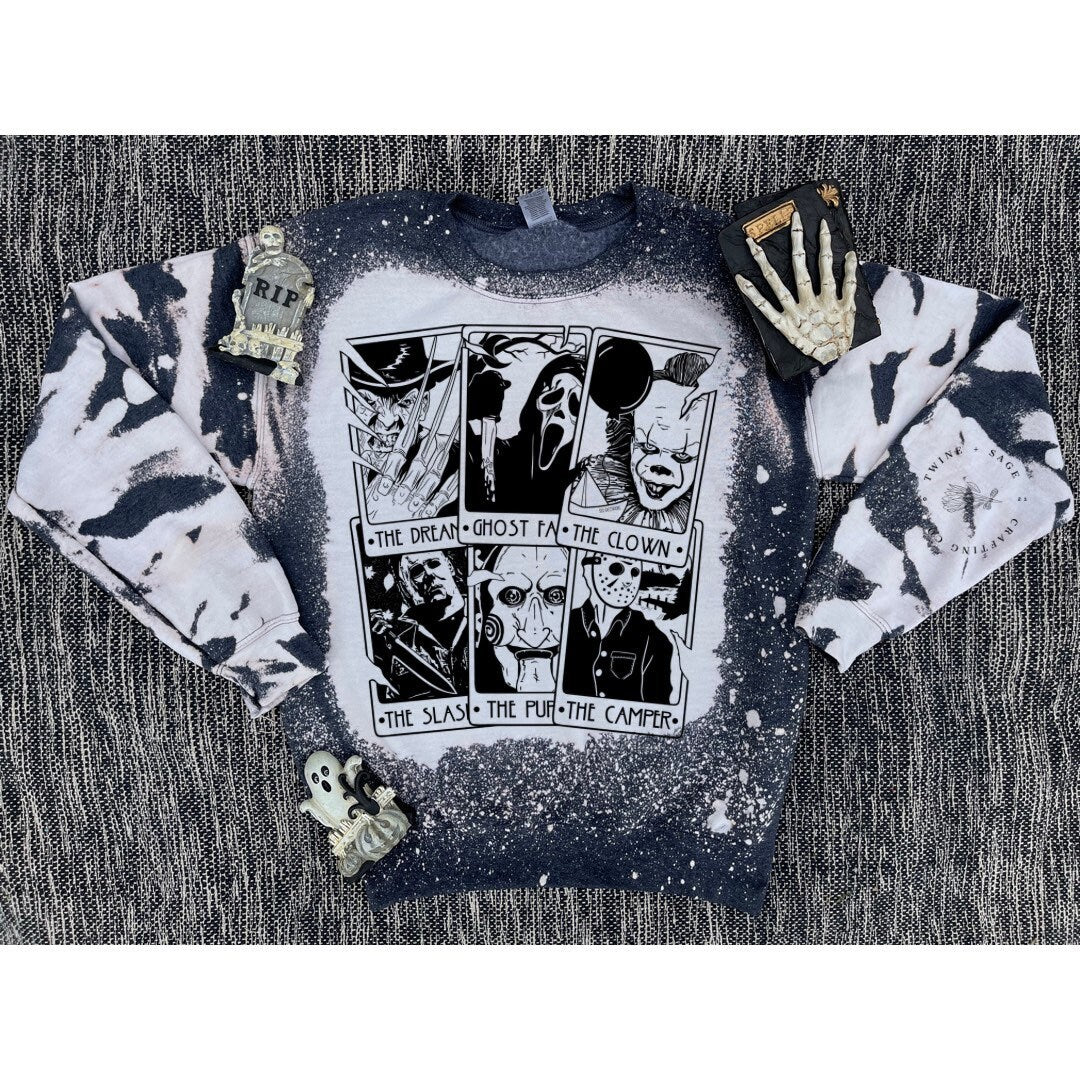 Horror Tarot Card Crewneck Sweatshirt, Halloween Sweatshirt, Horror, Halloween Horror Custom Bleach Crew Sweatshirt, Slasher