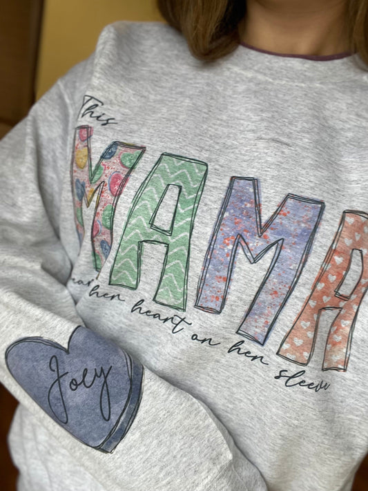 This Mama Wears Her Heart On Her Sleeve Crewneck Preorder, Valentine Gift For Her, Mother’s day Gift, Mama, Mom Gifts, Hearts, Personalized