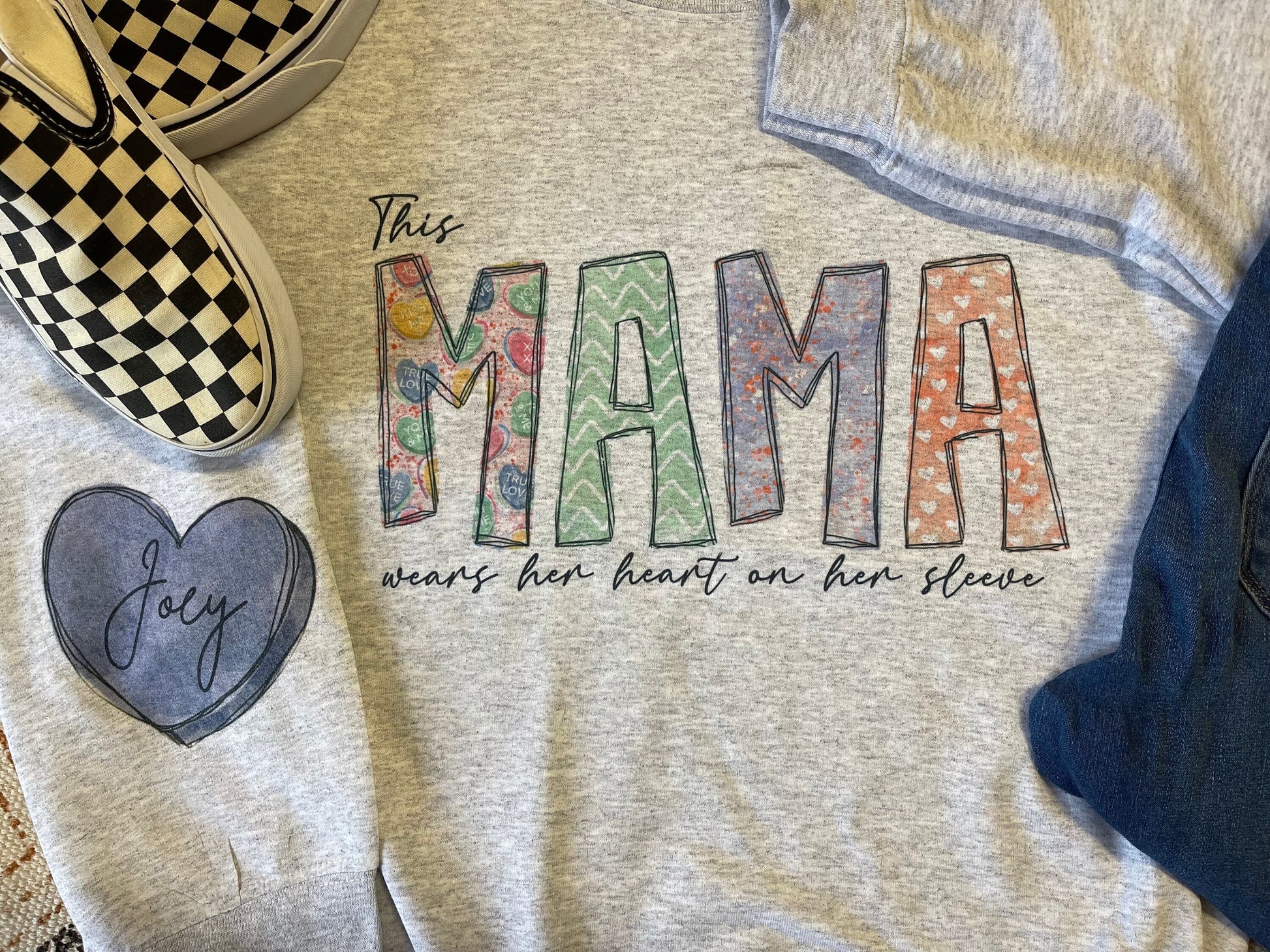 This Mama Wears Her Heart On Her Sleeve Crewneck Preorder, Valentine Gift For Her, Mother’s day Gift, Mama, Mom Gifts, Hearts, Personalized