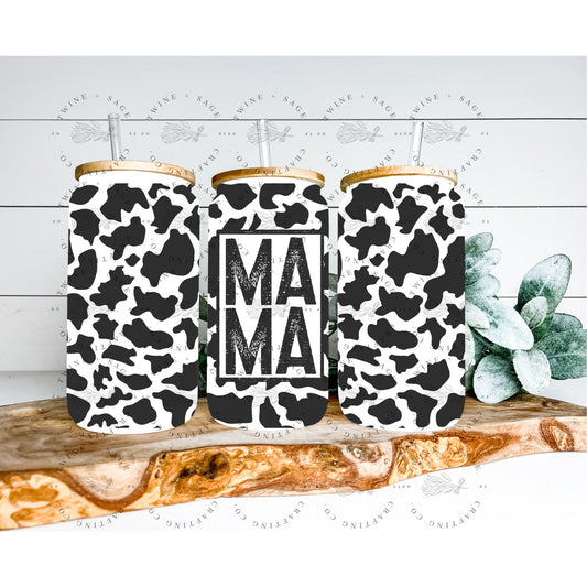 Mama Iced Coffee Can, Frosted Glass Can, Cow Print Glass Can, Cowprint Tumbler, Frosted Glass Tumbler, Gift For Her, Glass Cup Bamboo Lid