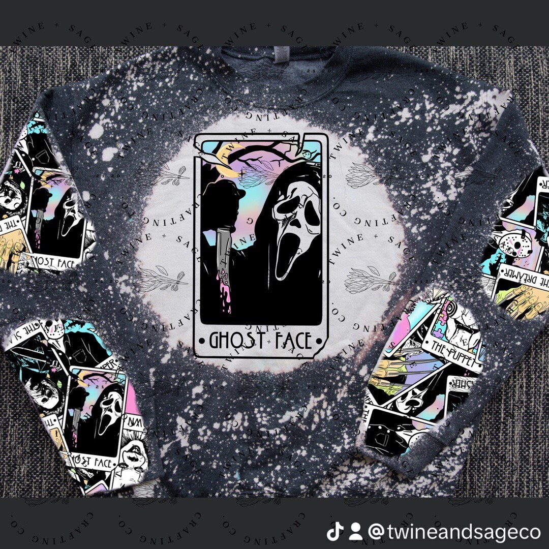 Horror Tarot Cards Sweatshirt, Ghostface, Scream, Horror, Scream Crewneck, Halloween Horror Bleach Crew Sweatshirt, Woodsboro, Slasher