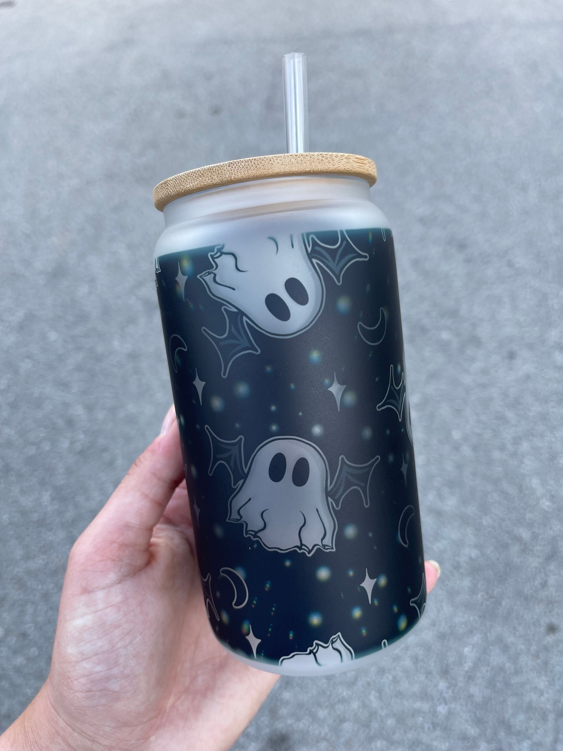 Bat and Boosy Libbey Can, Halloween Tumbler, Iced Coffee Glass, Halloween Glass Tumbler, Mama Glass Can